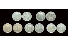 Australia 1938 George VI 1 Crown (VF), 1943 and 1947 George VI 1 Florin. 1936 George V and 1944 George VI 1 Shilling. 5 Silver coin set. F - EF 