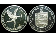 Bailiwick of Guernsey 1972 Queen Elizabeth II Silver Wedding Anniversary 25 Pence coin UNC
